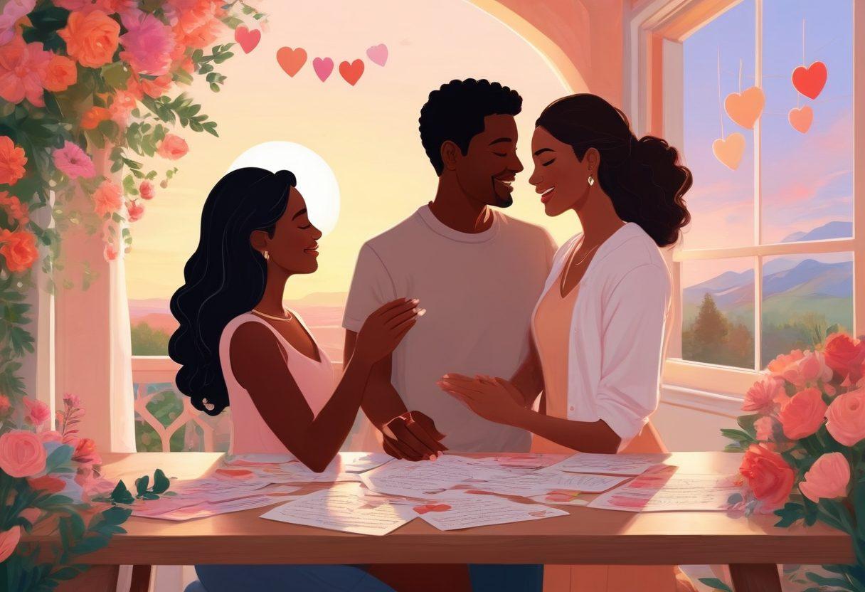 A beautifully illustrated scene featuring diverse couples engaged in romantic activities, surrounded by heart-shaped decorations and soft pastel colors. Include elements like love letters, intertwined hands, and a picturesque background with flowers and a sunset. Capture the warmth and intimacy of heartfelt connections in a cozy community setting. vector art. vibrant colors.