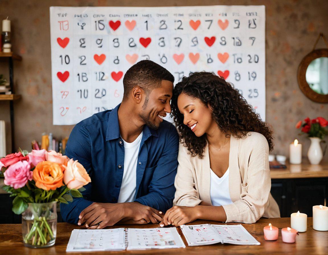 A warm and inviting scene of a diverse couple sharing a heartfelt moment, surrounded by symbols of love like intertwined hearts and blooming flowers. In the background, subtle elements representing dating tips such as a calendar and counseling books. The atmosphere is cozy, filled with soft light and a hint of laughter, showcasing connection and understanding in relationships. soft focus. vibrant colors. warm tones.