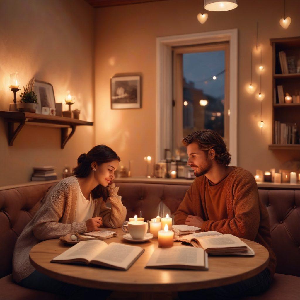 A cozy, dimly-lit café setting with a couple sharing a heartfelt conversation over coffee, surrounded by soft glowing candles and a warm color palette. In the background, heart-shaped decorations and a small bookshelf filled with romance novels hint at love and companionship. The scene should evoke feelings of intimacy and warmth, drawing the viewer into the moment. super-realistic. warm tones. soft lighting.